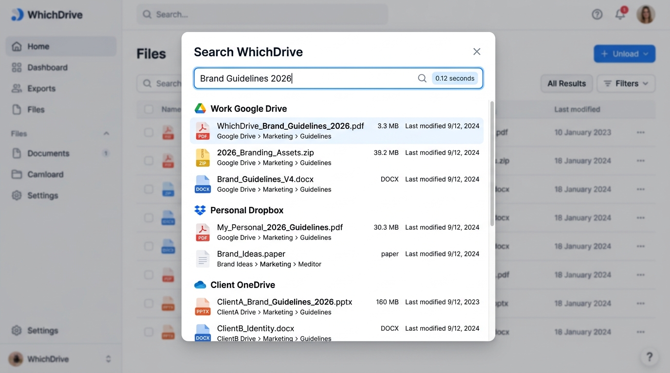 WhichDrive Universal Search Screenshot showing instant multi-drive search modal